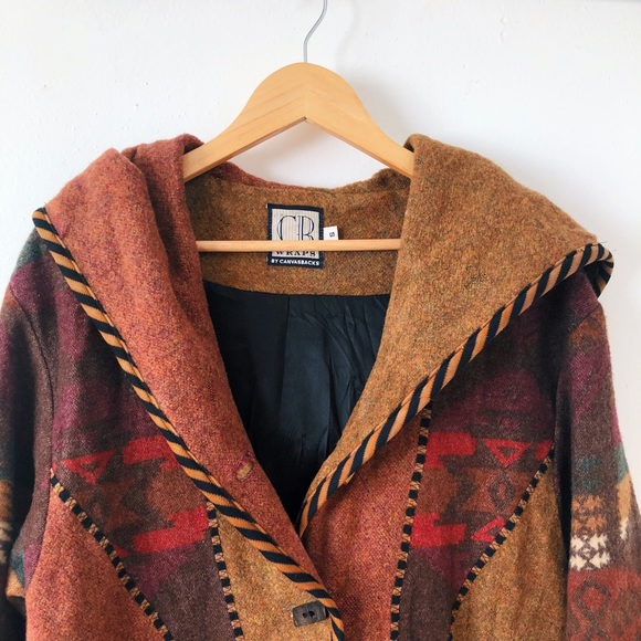Vintage 80s 90s Southwestern Hooded Wool Blanket Coat / Wool Duster Coat - Picture 3 of 16